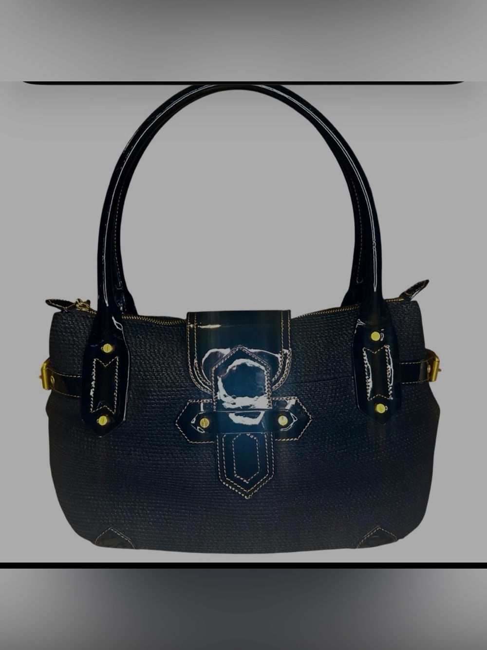 Eric Javits Black Woven Shoulder Bag with Gloss Trim